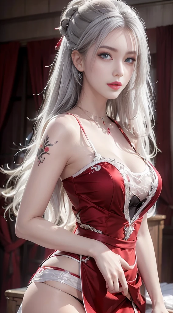 Photorealistic, high resolution, 1 woman, Hips up, Beautiful eyes, White hair, Long hair, ringed eyes, jewelry, tattoo, wedding dress, red dress