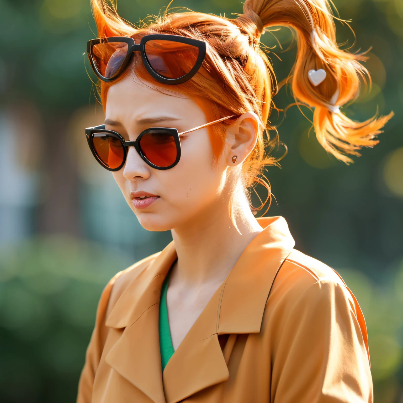 orange hair, sneeze, side ponytails, heart hair ornament, eyewear on head, brown trench coat, pants,side ponytail,orange hair, heart hair ornaments, sneeze, eyewear on head,Sonia \(pokemon\), sunglasses, heart hair ornament, labcoat, green shirt, crop top, pants, side ponytail sneeze
