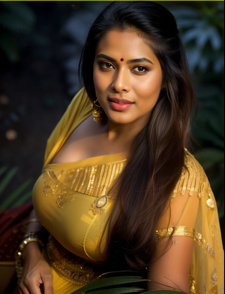 day scene, extreme close up photo of seductive indian model from top view wearing semi yellow top with big breast, big cheeks, red Hollywood lips, squatting near shrub in a garden, hourglass figure, armpits, (blue eyes:1), ponytail, necklace, 30 yo, look at viewer and smile,forest background (cinematic:1.3), intricate details, (ArtStation:1.2)