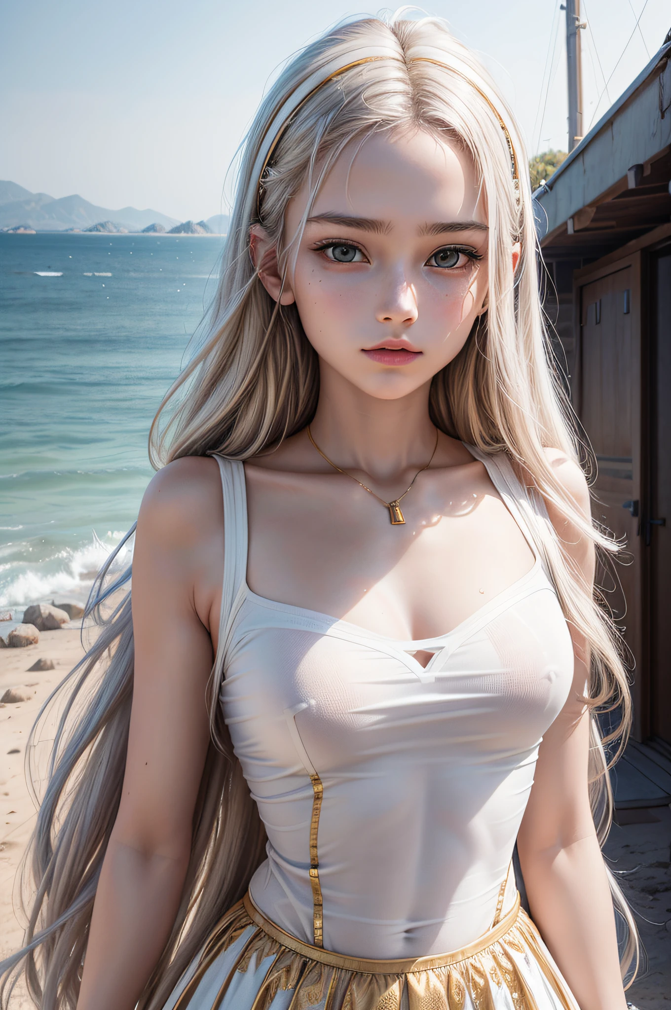 "Generate a hyper-realistic image of a from Montenegro with authentic face features, set against a realistic open sky, showcasing the best quality and intricate details, wearing white shirt gold strips, body chest exposed, white long hair."