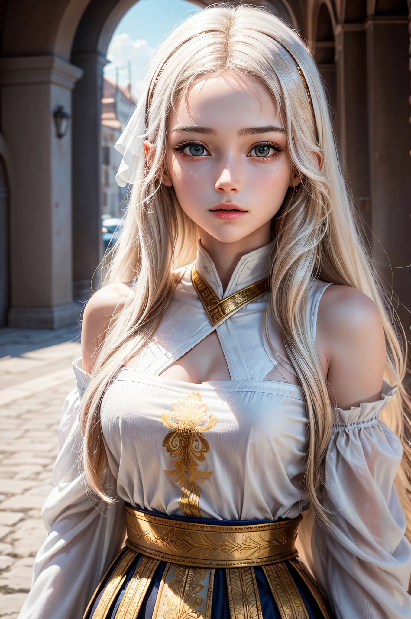 "Generate a hyper-realistic image of a -yeld gifrom Montenegro with authentic face features, set against a realistic open sky, showcasing the best quality and intricate details, wearing white shirt gold strips, body chest exposed, white long hair."