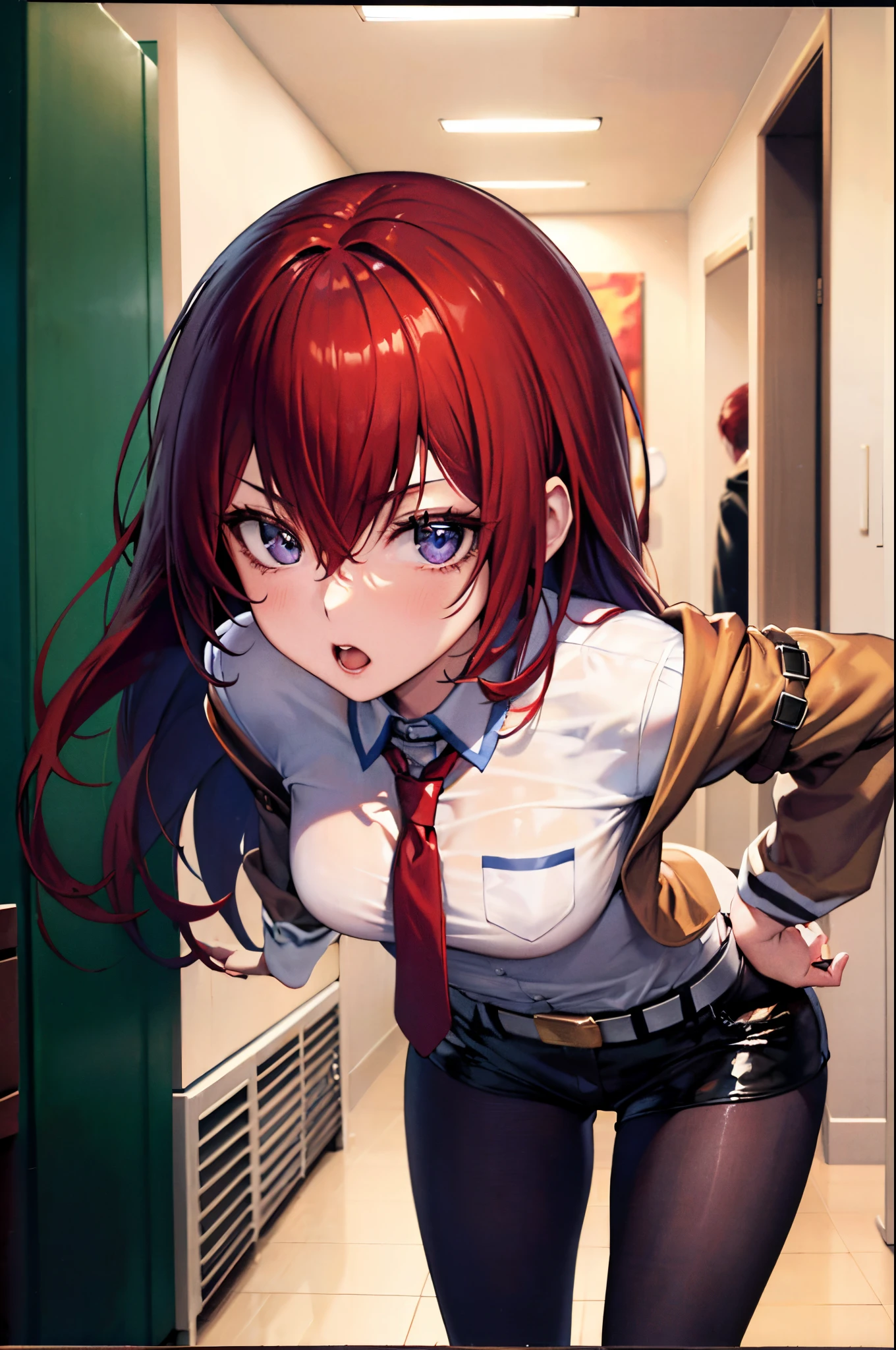 ((masterpiece), (best quality), ultra high res, 1girl, long hair, (red hair:1.5), long hair, eyes visible through hair, bangs, hair between eyes, blue eyes, purple eyes, shorts, pantyhose, jacket, shirt, red necktie, necktie, belt, white shirt, legwear under shorts, brown jacket, short shorts, long sleeves, black pantyhose, room, leaning forward, hands on waist, arm outstretched, finger pointing, index finger, pointing at the viewer, portrait, looking at the viewer,