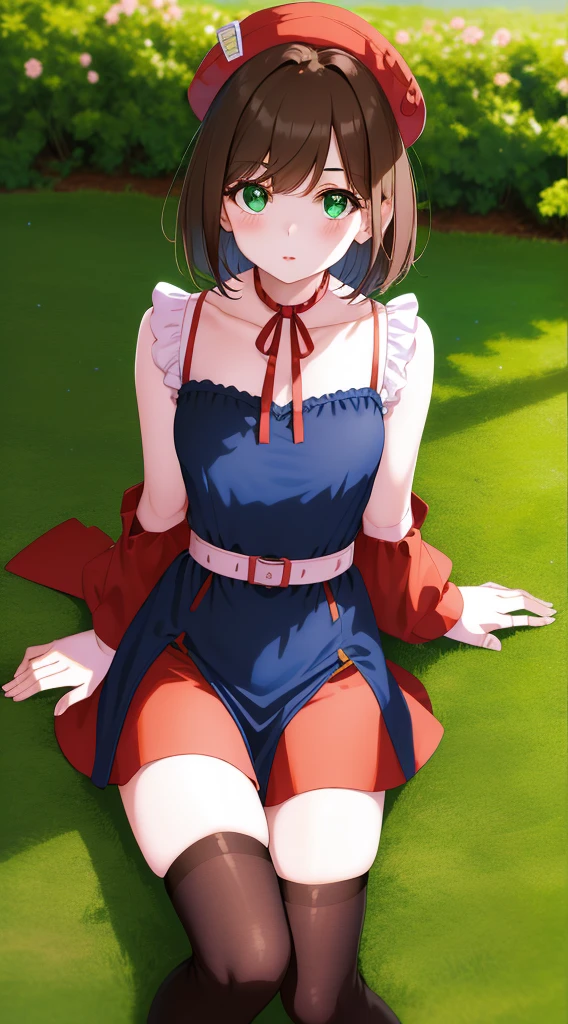 masterpiece, best quality, highres, rosie brown hair,  short bob cut hair, green eyes, medium breasts, mature body and face, 1girl, solo, blue ribbon, eyelashes, black thighhighs, neck ribbon, sleeveless, bangs, collarbone, bare arms, pink dress, red coat, pink headwear, outdoors, sitting, sexy pose