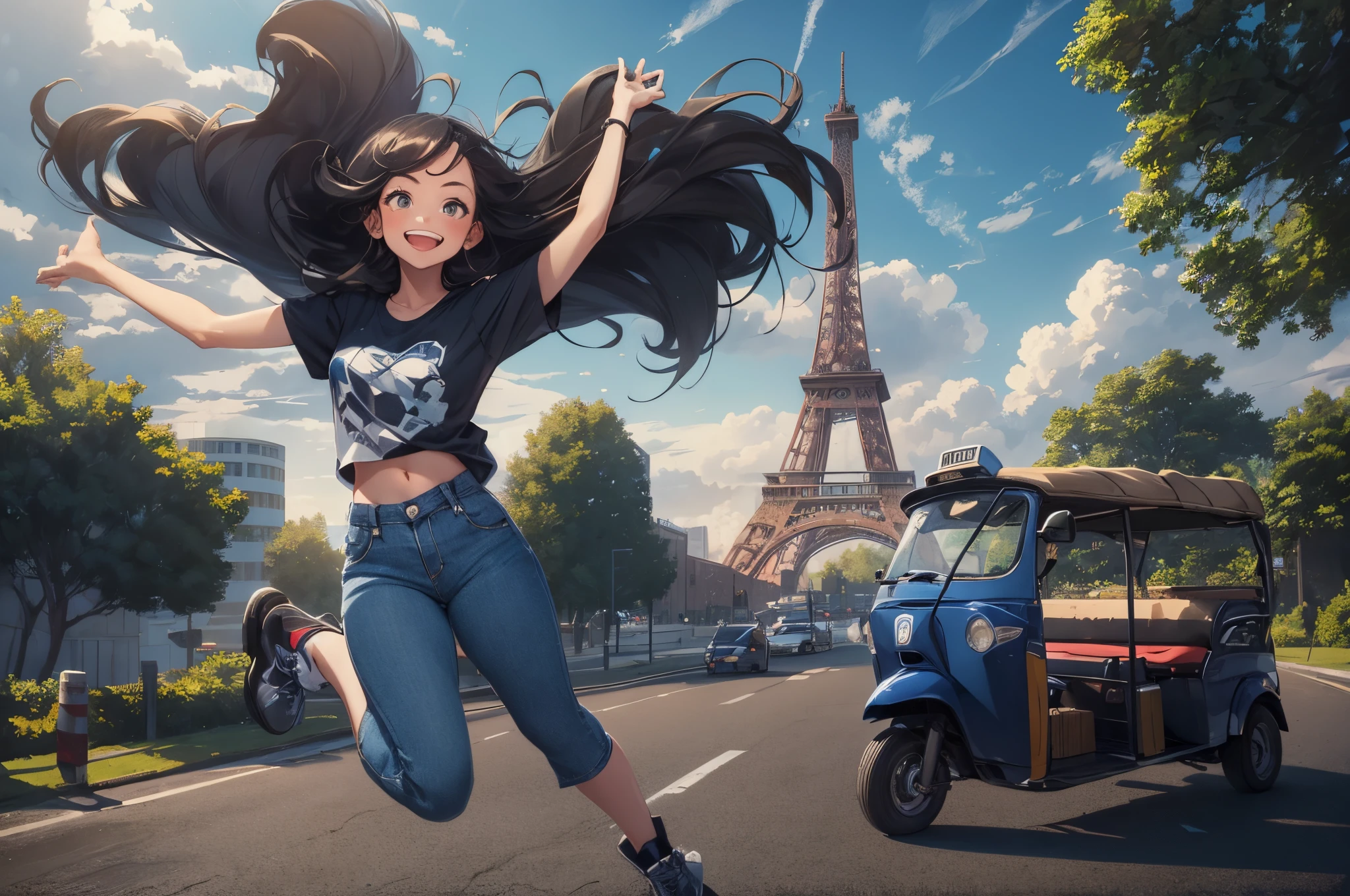 portrait of 1girl, smile, jump, windy, dark hair with the flow, oversize t-shirt, blue jeans pants, tuktuk