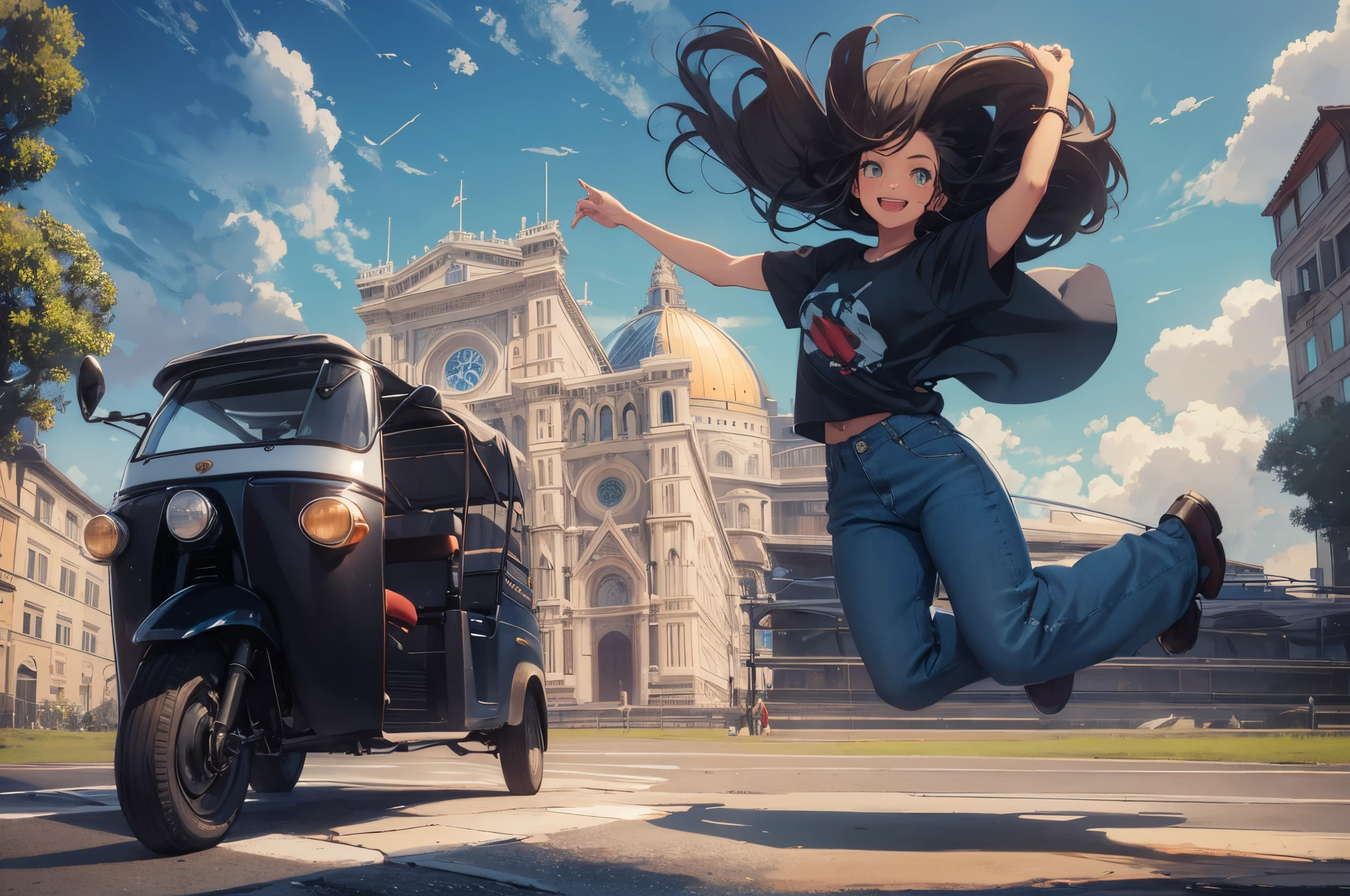 portrait of 1girl, smile, jump, windy, dark hair with the flow, oversize t-shirt, blue jeans pants, tuktuk