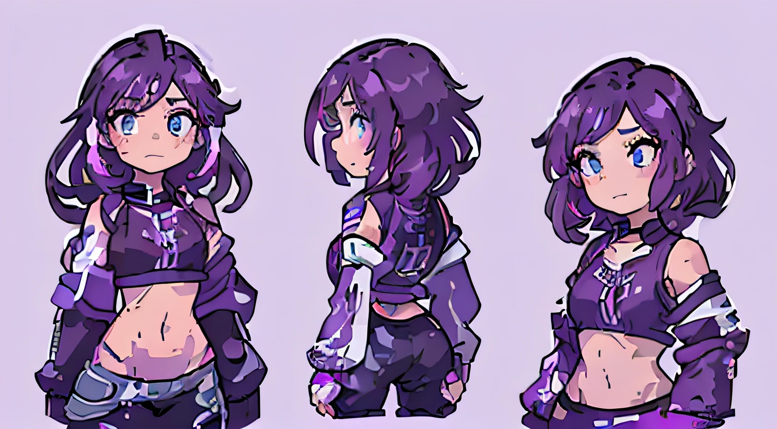 beautiful, masterpiece, best quality, perfect lighting, reference sheet, model sheet, concept art, bright colors, (multiple views, [from behind|from side|from front|close-up|upper body|portrait]:1.2), (20 year old girl:1.2), detailed hands and fingers, messy hair colored bright purple, hair length stops at shoulders, cocky grin with a raised eyebrow, light blue eyes, hand resting on hip, toned body with small bust size, (jet black baggy sweatpants, open midriff jacket with bright a purple torso and baggy white colored sleeves)