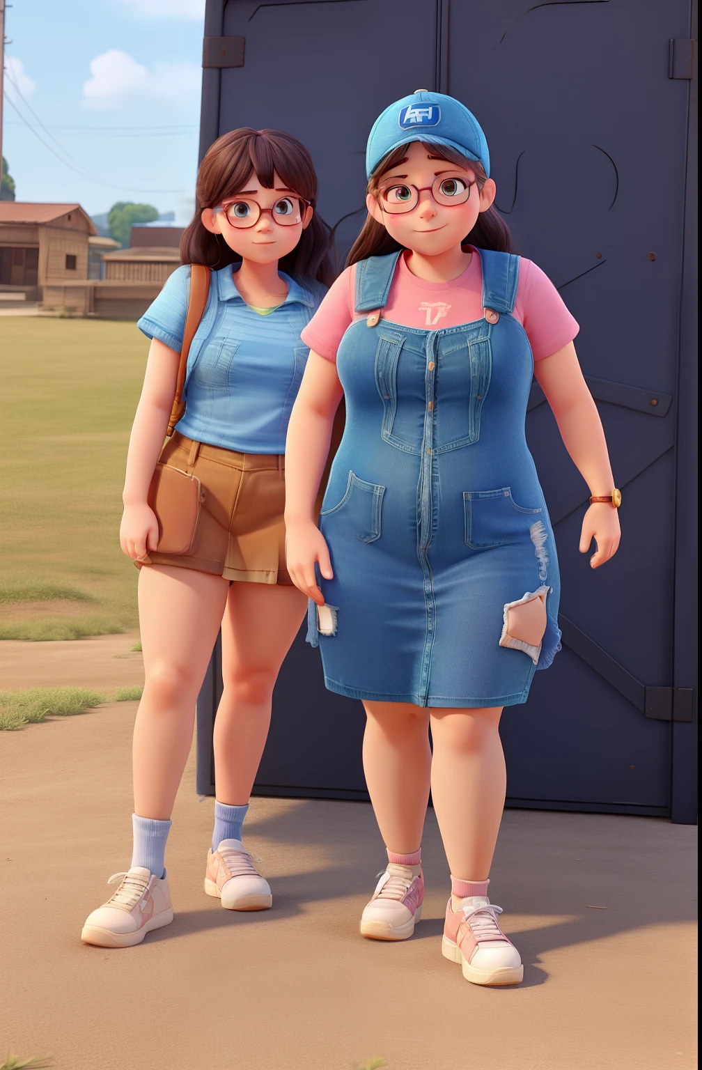 the girl with the cap has an average body while the girl in denim dress is cute and chubby and has eyeglasses but no cap. make the faces detailed and clear and skinny body. 3D image