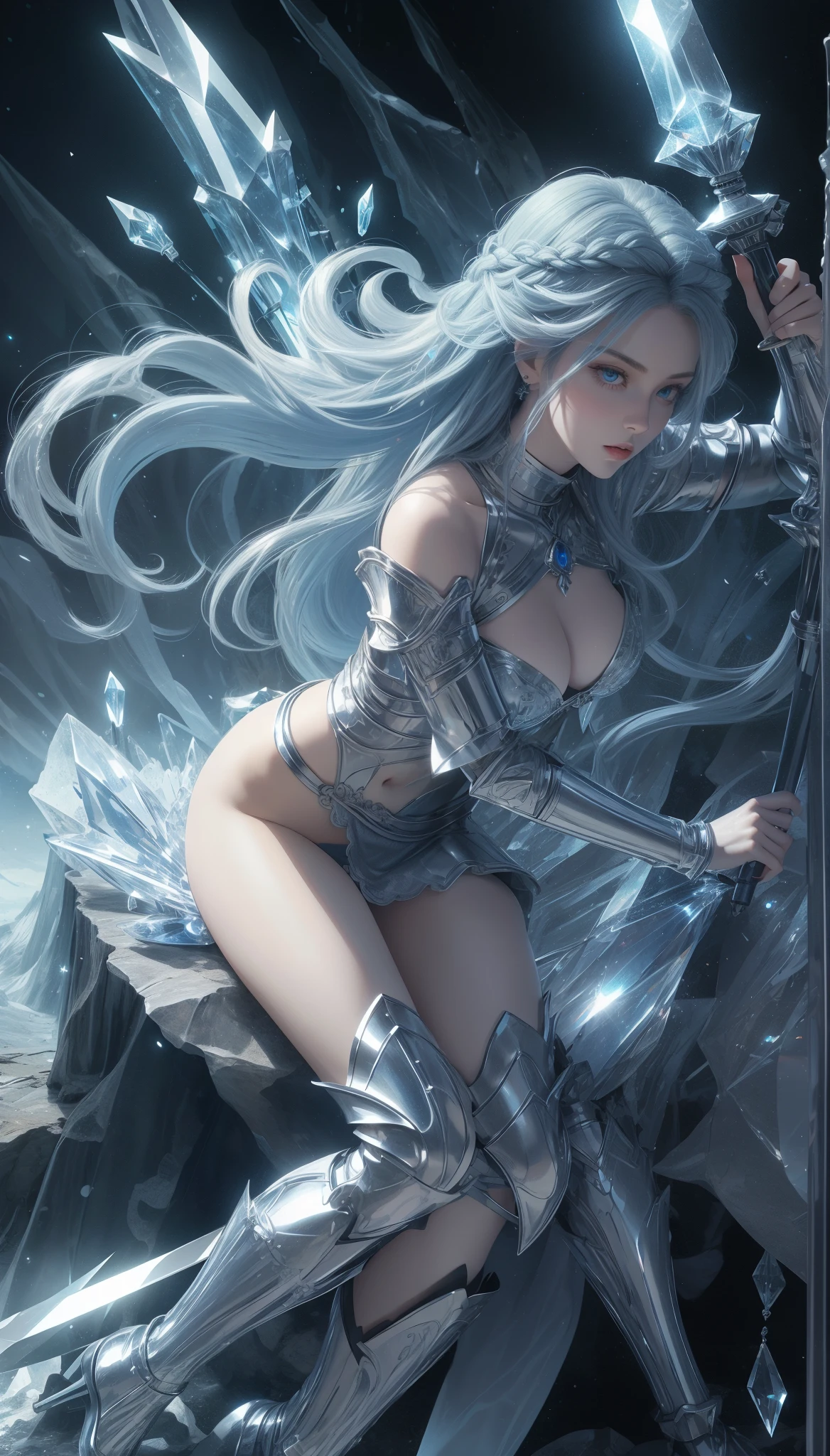 tmasterpiece，Highest image quality，，Beautiful female knight full body portrait，Exquisite blue braid hairstyle，Clear  eyes，The sword，armour，crystal，Ultra-detailed details，advanced。At the Pixiv Art Station，Break your own power，Luigi，Big breasts exposing cleavage，R-18G