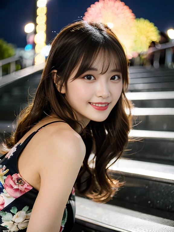 (masutepiece:1.3), High resolution, ultra-detailliert, the Extremely Detailed CG Unity 8K Wallpapers, Realistic, Photorealsitic, Raw photo, beautifull detailed face, pale skin, Realistic glitter skin, Detailed Cloth Texture, detailed hair texture, Perfect body, Beautiful face, 准确, Anatomically correct, Highly detailed face and skin texture, Natural neck length, (Beautiful hands), (Fair skin:1.2), thin legs, Thin feet, (Teeth are neatly arranged:1.1), Sweaty skin,
BREAK,
Detailed eyes, symmetrical eye, Light brown eyes, Double eyelids, Thin eyebrows, (Glossy lips:1.4), ((Pretty smile:1.2)), (blush:1.1), (small shiny hair ornament:1.1),
BREAK,
(elegant girl:1.3), (wearing a tight dress (qipao dress:1.2) There is a white floral pattern),
BREAK,
Large breasts, Slender figure, Firm abs,
((up do hairstyle, dark brown hair, Wavy Hair, Long hair, asymmetricalbangs:1.2)), (Close-up shot shots:1.2), (A sideways glance at the audience:1.1), From next to me,
BREAK,
((sit on stairs,Gently lift your chin in Odaiba:1.2)), ((Huge colorful fireworks bloom in the night sky:1.2)),