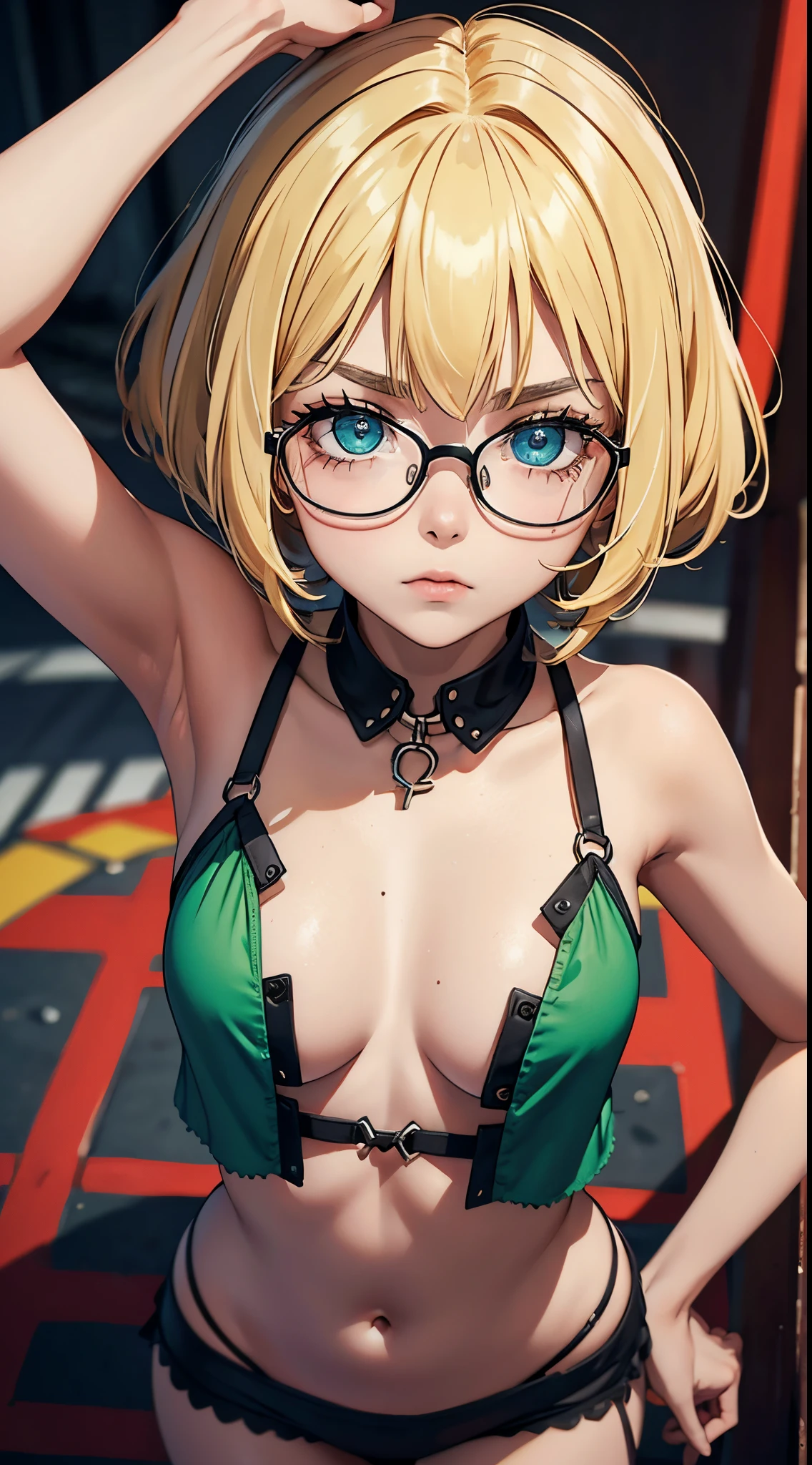 1girl, franja, ombros apertados, Corpo de , Menionde hair, short hair, olhos verde, seios, clivagem, decote querido, boca fechada, Eyebrows visible in the hair, seios pequenos, Olhando para o Viewer, sorrir, tenso, Standing, micro biquini 1.6 vermelho, visualizador frontal mostrando seios, Ultra HD | |, Imagem 4k, glasses