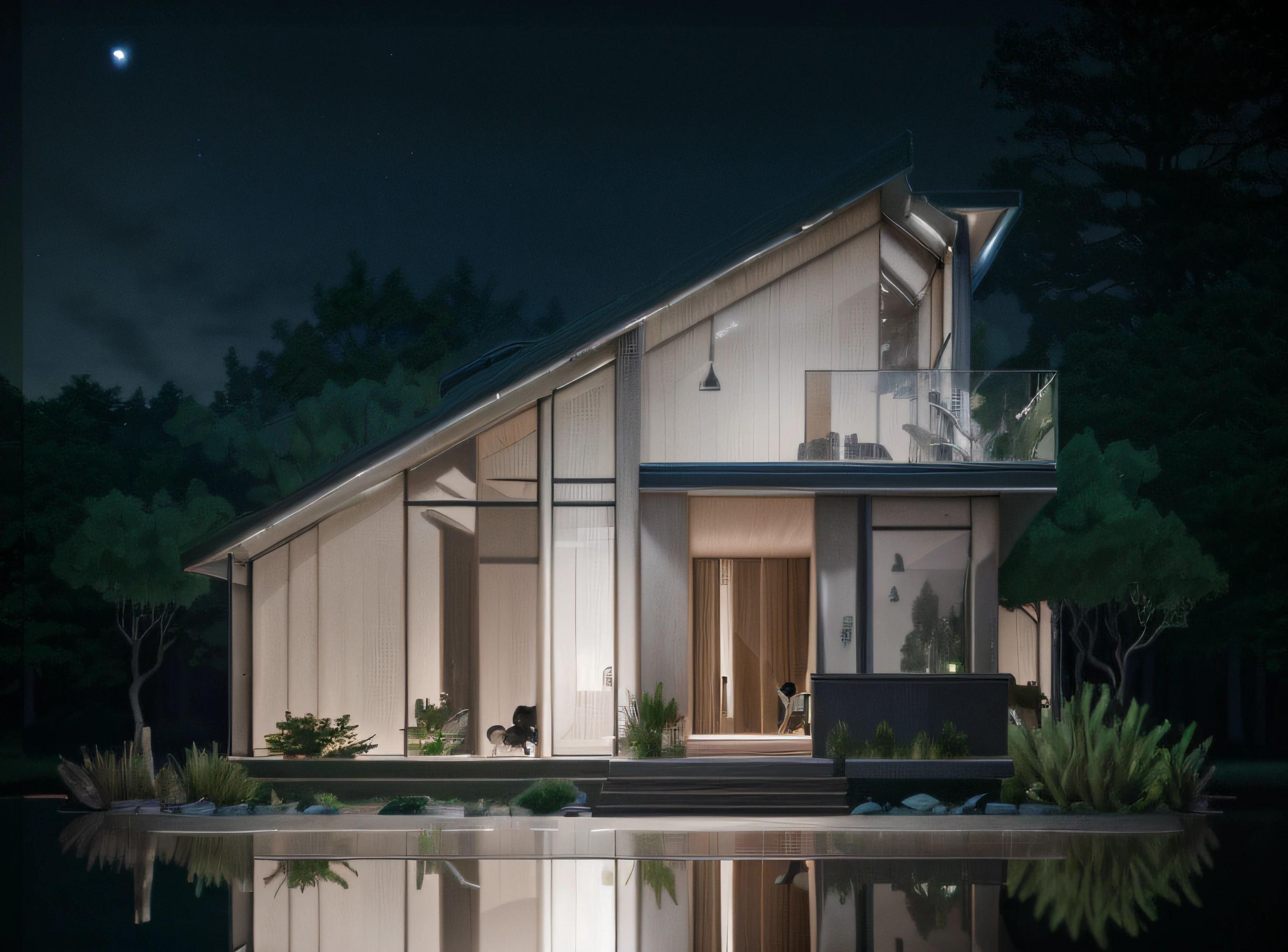 modern house, night sky, very reflected glasses, some people, some dogs, a forest behind the house, very cozy artificial lighting, high resolution, high detailing