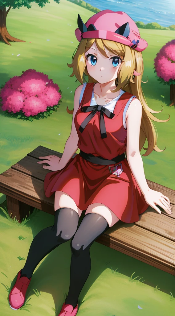 masterpiece, best quality, highres, serena \(pokemon\), long hair, blue eyes, medium breasts, mature body and face, 1girl, solo, blue ribbon, eyelashes, black thighhighs, neck ribbon, sleeveless, bangs, collarbone, bare arms, pink dress, red coat, pink headwear, outdoors, sitting, peace_sign,