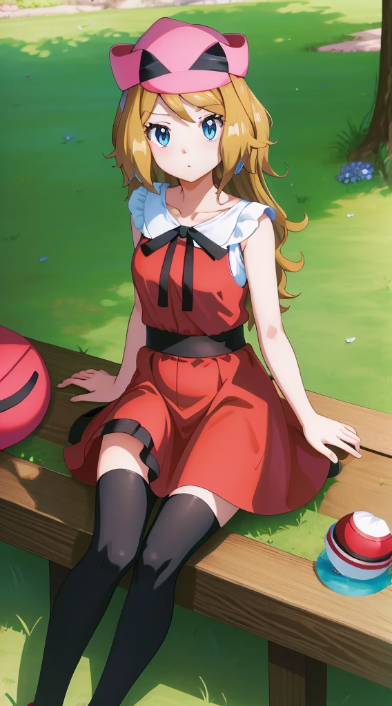 masterpiece, best quality, highres, serena \(pokemon\), long hair, blue eyes, medium breasts, mature body and face, 1girl, solo, blue ribbon, eyelashes, black thighhighs, neck ribbon, sleeveless, bangs, collarbone, bare arms, pink dress, red coat, pink headwear, outdoors, sitting, peace_sign,