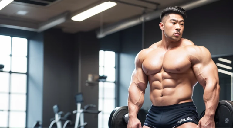 (Very detailed 8k wallpaper), two asian men, muscle worship, arms folded, At the gym, high detailing, buzzcut, very large and strong body, bulging muscles, well-muscled, very large pectoral muscles. Very sexy abs, legs are muscular, Toned figure, lightens oily skin, muscular, Tank top, T-shirt, longshot, Wide Shot