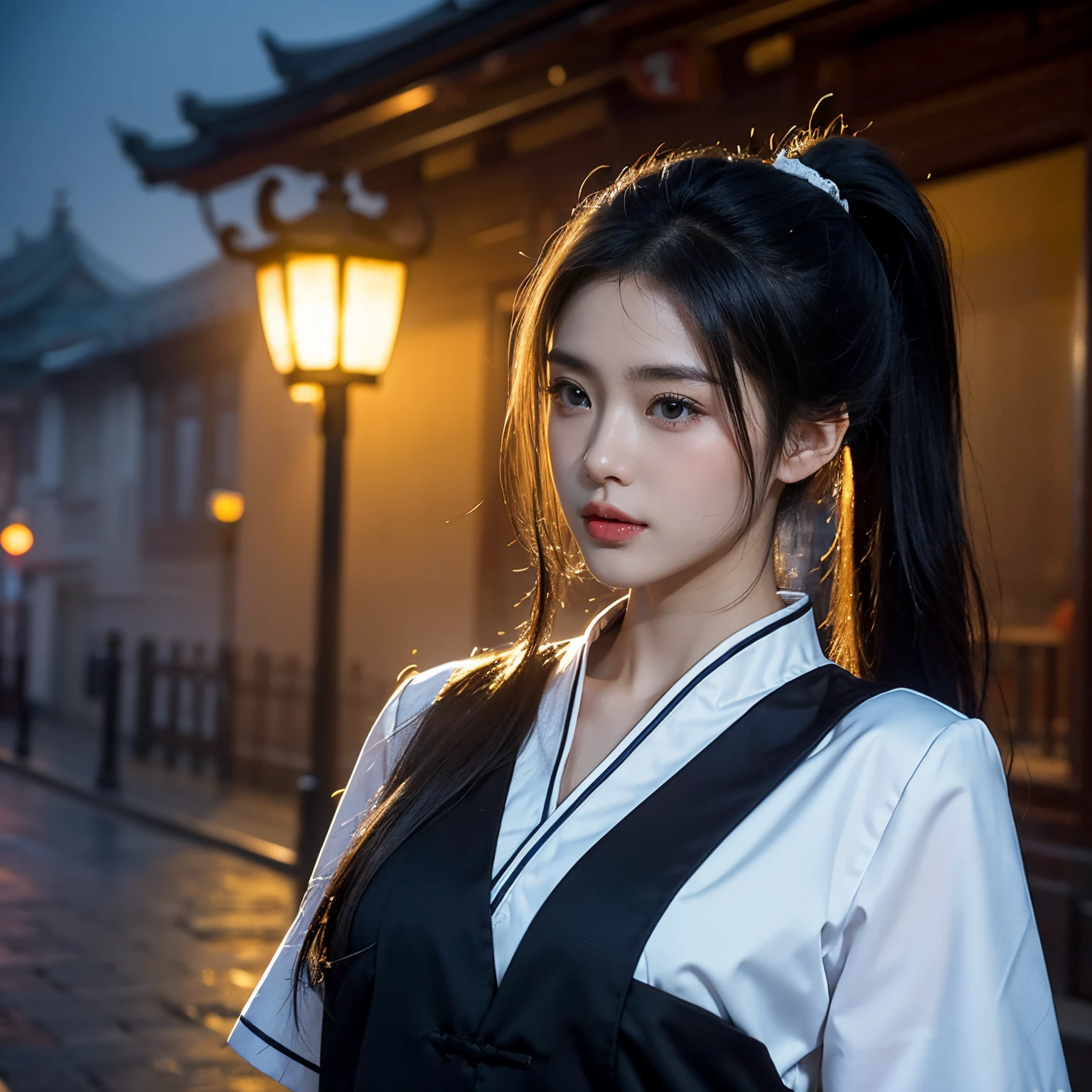 Chinese girl,18yr old,high school senior,Bust photo,longponytail,black color hair,Flowing hair,Devil's Eye,A plump chest,High chest,Blue and white school uniform,Chinese school clothing,Keep your mouth shut,Side Body,elegant and charming,heroic look,fog atmosphere,Street background at night,hyper realisitc,8K,be full of details,realistically