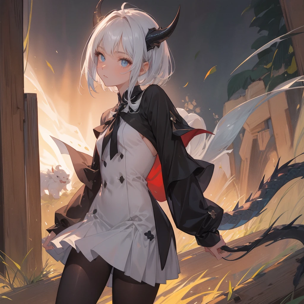(melhor qualidade: 1.0), (super high res: 1.0), 8k, 1girl, personagem extremamente detalhado, detailed hands, Half-dragon girl, chifres, Dragon horns, Girl with black dragon tail, Black dragon tail, Cabelo extremamente detalhado, cabelo curto, ((short hair)), ((cabelos brancos)), olhos extremamente detalhados, olho com cores diferentes, Heterocromia, Olho direito de cor branca, Olho esquerdo de cor preta, dragon eyes, 2D, Arte de Anime, looking up, ((with your back to the viewer)), ((barnet)), medieval, RPG, pequena, (baixa), baixinha, ((Altura Pequena)), small boobs, camisa de manga comprida branco transparente, Black jacket, brincos de estrela + Branco, medieval chinese dress + preto, pantyhose + black + white, salto alto, capa preta