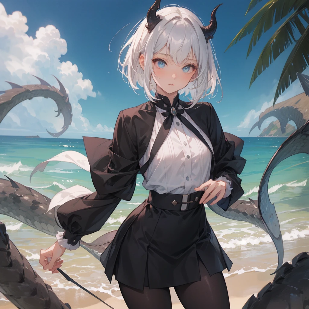 (melhor qualidade: 1.0), (super high res: 1.0), 1girl, personagem extremamente detalhado, detailed hands, Half-dragon girl, chifres, Dragon horns, Girl with black dragon tail, Black dragon tail, Cabelo extremamente detalhado, cabelo curto, ((short hair)), ((cabelos brancos)), ((mechas da cor preta)), olhos extremamente detalhados, olho com cores diferentes, Heterocromia, Olho direito de cor branca, Olho esquerdo de cor preta, dragon eyes, 2D, Arte de Anime, ((barnet)), (((corpo inteiro))), standing on her feet, medieval, RPG, pequena, (baixa), (Altura Pequena), peitos pequenos, (adolescente), olhar morto, grim expression, preocupado, look of tiredness, camisa de manga comprida, Black jacket, brincos de estrela + Branco, vestido longo medieval + preto, pantyhose + black + white, salto alto