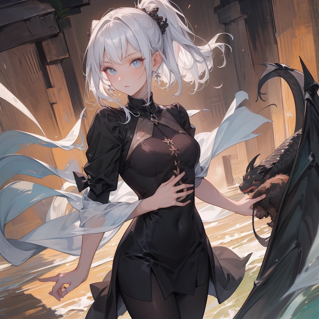 (melhor qualidade: 1.0), (super high res: 1.0), 1girl, personagem extremamente detalhado, detailed hands, Half-dragon girl, chifres, Dragon horns, Girl with black dragon tail, Black dragon tail, Cabelo extremamente detalhado, cabelo curto, ((short hair)), ((cabelos brancos)), ((mechas da cor preta)), olhos extremamente detalhados, olho com cores diferentes, Heterocromia, Olho direito de cor branca, Olho esquerdo de cor preta, dragon eyes, 2D, Arte de Anime, ((barnet)), (((corpo inteiro))), standing on her feet, medieval, RPG, pequena, (baixa), (Altura Pequena), peitos pequenos, (adolescente), olhar morto, grim expression, preocupado, look of tiredness, camisa de manga comprida, Black jacket, brincos de estrela + Branco, vestido longo medieval + preto, pantyhose + black + white, salto alto