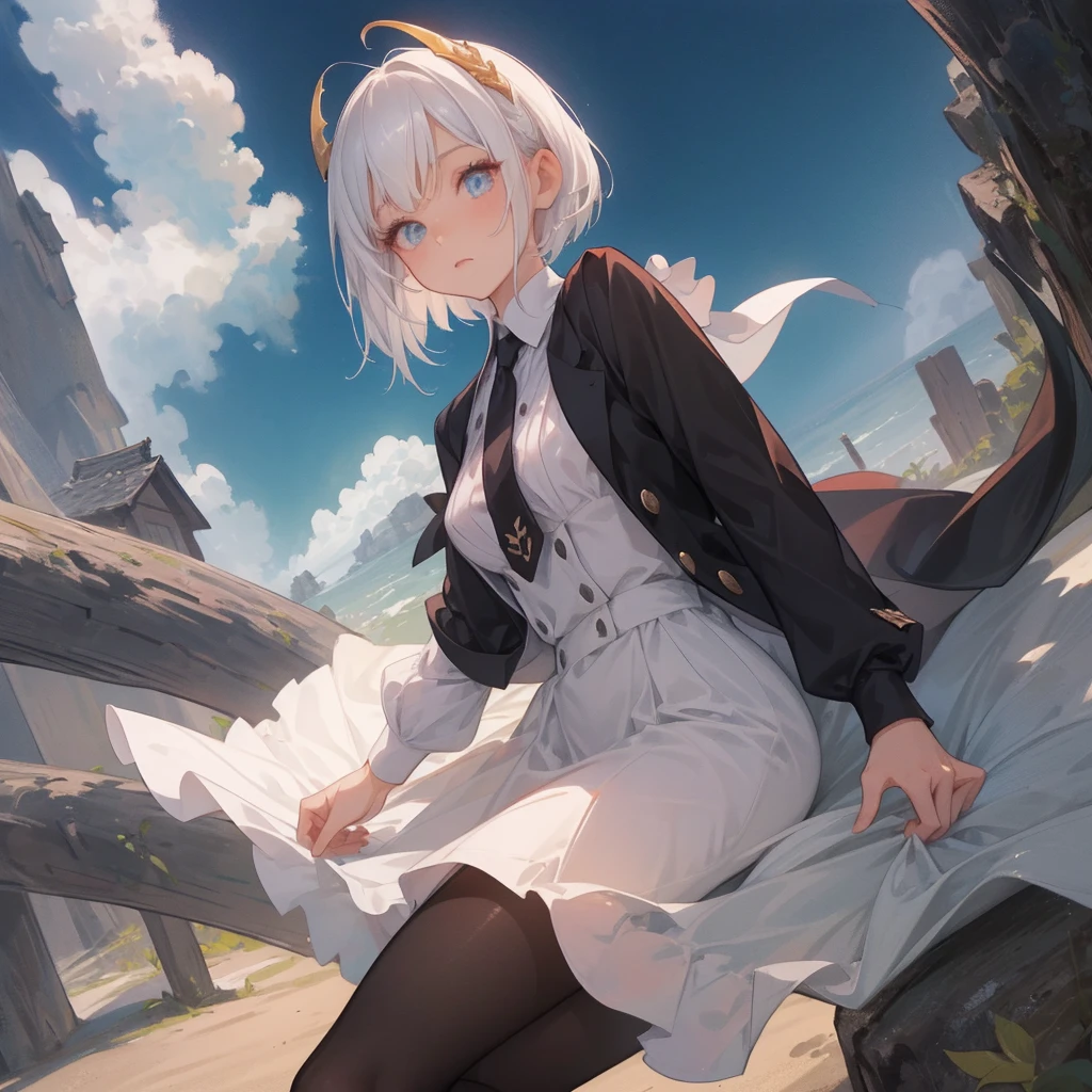 (melhor qualidade: 1.0), (super high res: 1.0), 1girl, personagem extremamente detalhado, detailed hands, Half-dragon girl, chifres, Dragon horns, Girl with black dragon tail, Black dragon tail, Cabelo extremamente detalhado, cabelo curto, ((short hair)), ((cabelos brancos)), ((mechas da cor preta)), olhos extremamente detalhados, olho com cores diferentes, Heterocromia, Olho direito de cor branca, Olho esquerdo de cor preta, dragon eyes, 2D, Arte de Anime, ((barnet)), (((corpo inteiro))), standing on her feet, medieval, RPG, pequena, (baixa), (Altura Pequena), peitos pequenos, (adolescente), olhar morto, grim expression, preocupado, look of tiredness, camisa de manga comprida, Black jacket, brincos de estrela + Branco, vestido longo medieval + preto, pantyhose + black + white, salto alto