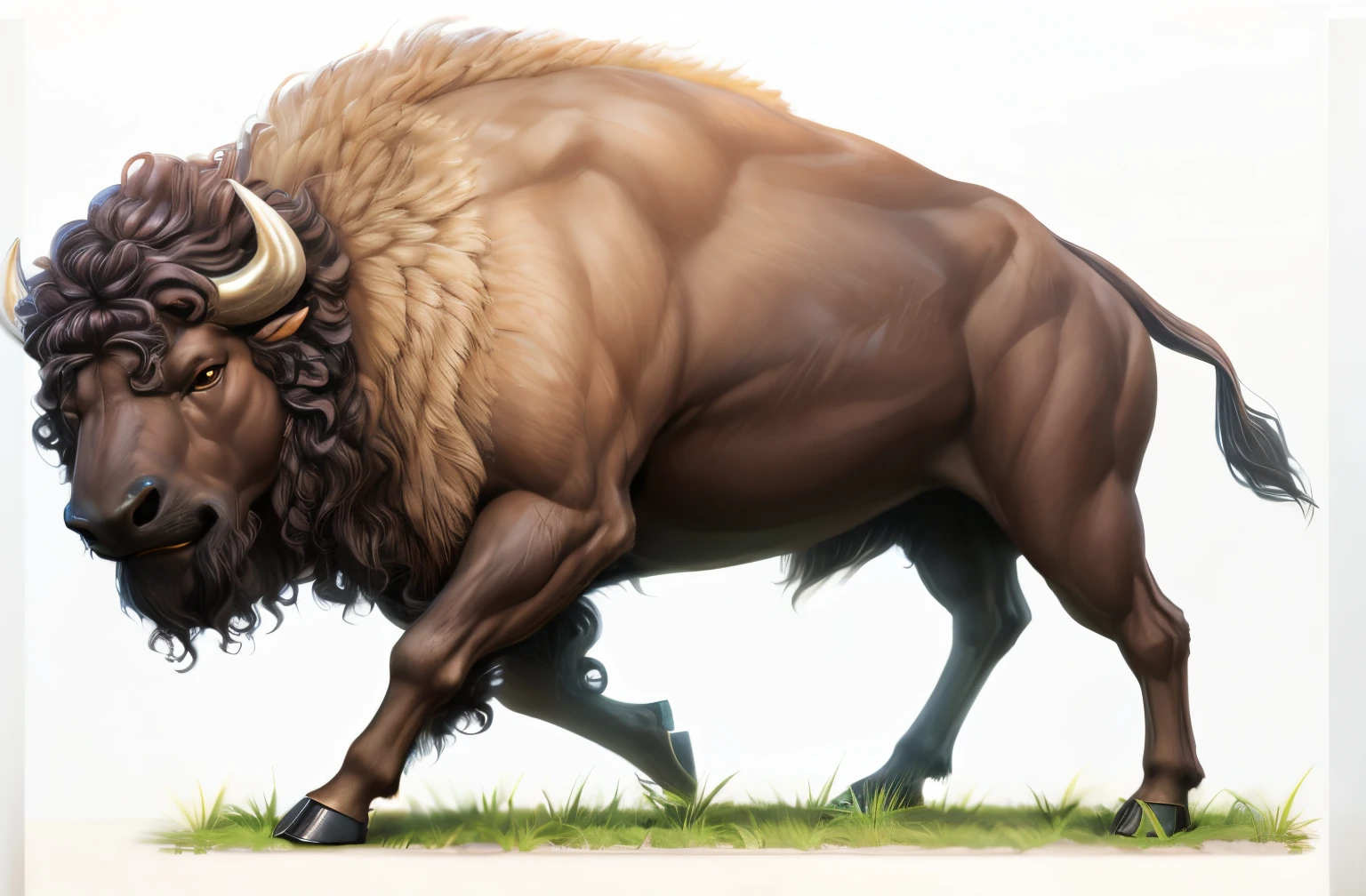 （buffalo），Strong limbs，Walked，（stereoscopic perspective：1.4），Works of masters，Thick hair on the body, curlies, ultra - detailed，4K分辨率，high high quality，电影灯光，High picture detail，Clear hair、Concentrate，Detailed hair depiction，