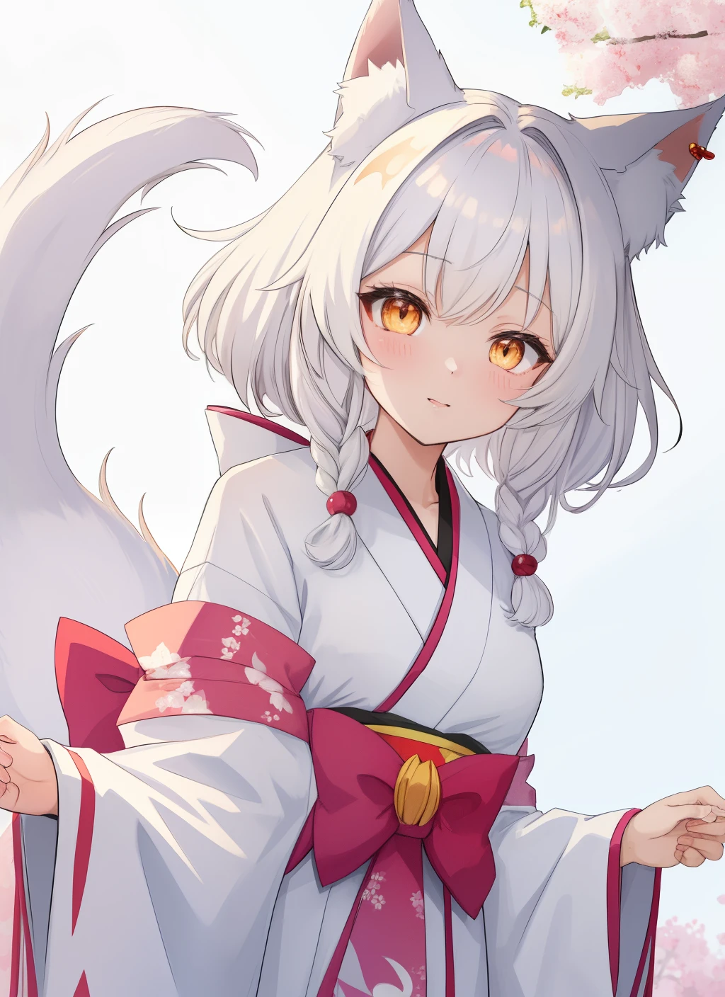 Cat's ears s girl Fox Beastman hair kawaii Anime style white colors kimono short-cut