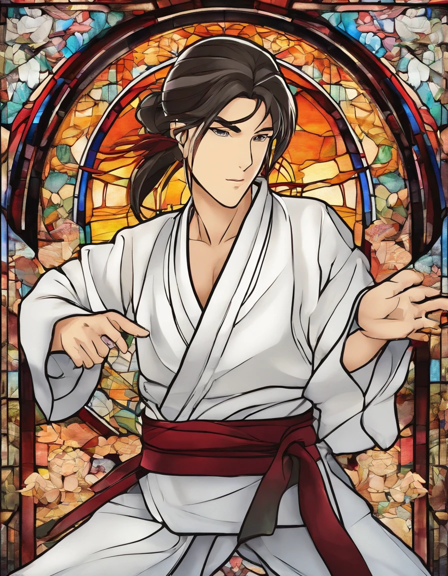 1 rapariga, Empty-handed home, 18year old, long-sleeve,long trousers、karategi、White Karate Uniform、Black belt、length hair、Beautiful face、The knot of the obi is in the middle