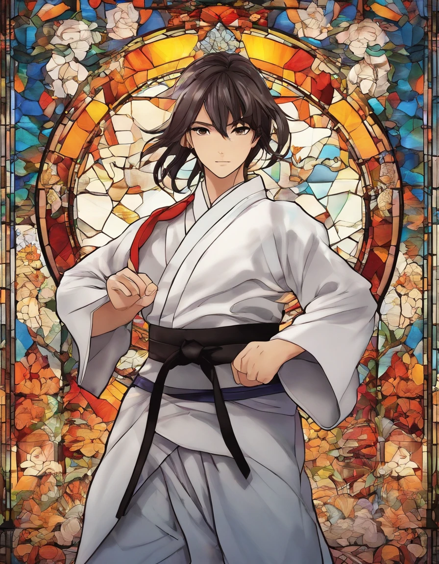 1 rapariga, Empty-handed home, 18year old, long-sleeve,long trousers、karategi、White Karate Uniform、Black belt、length hair、Beautiful face、The knot of the obi is in the middle