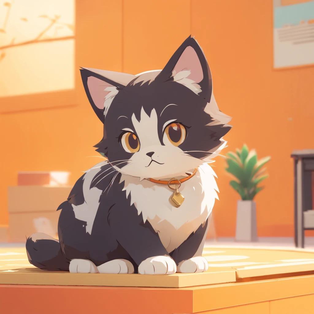 Cute isometric cat emoticon, tuxedo jack, black and white cat, Fluffy and cute,     kitten droopy ears   ， Ears drooping ，frontage，Pastel gold background, soft and muted colors, 3d icon clay render, springtime: 120mm, 3d blender render, Trending on Polycount, modular constructivism, Orange background, physically-based renderingt,
