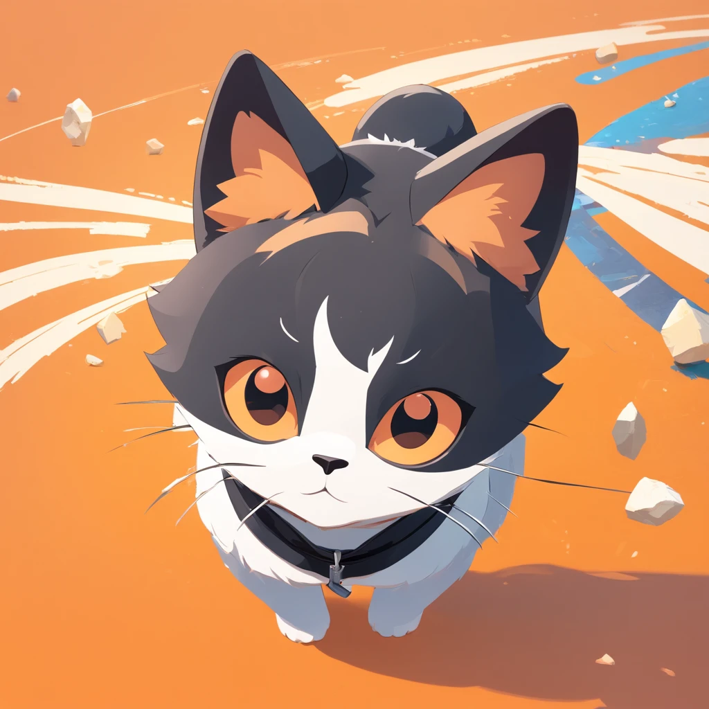 Cute isometric cat emoticon, tuxedo jack, black and white cat, Fluffy and cute, kitten droopy ears , Ears drooping ,frontage,Pastel gold background, soft and muted colors, 3d icon clay render, springtime: 120mm, 3d blender render, Trending on Polycount, modular constructivism, Orange background, physically-based renderingt,