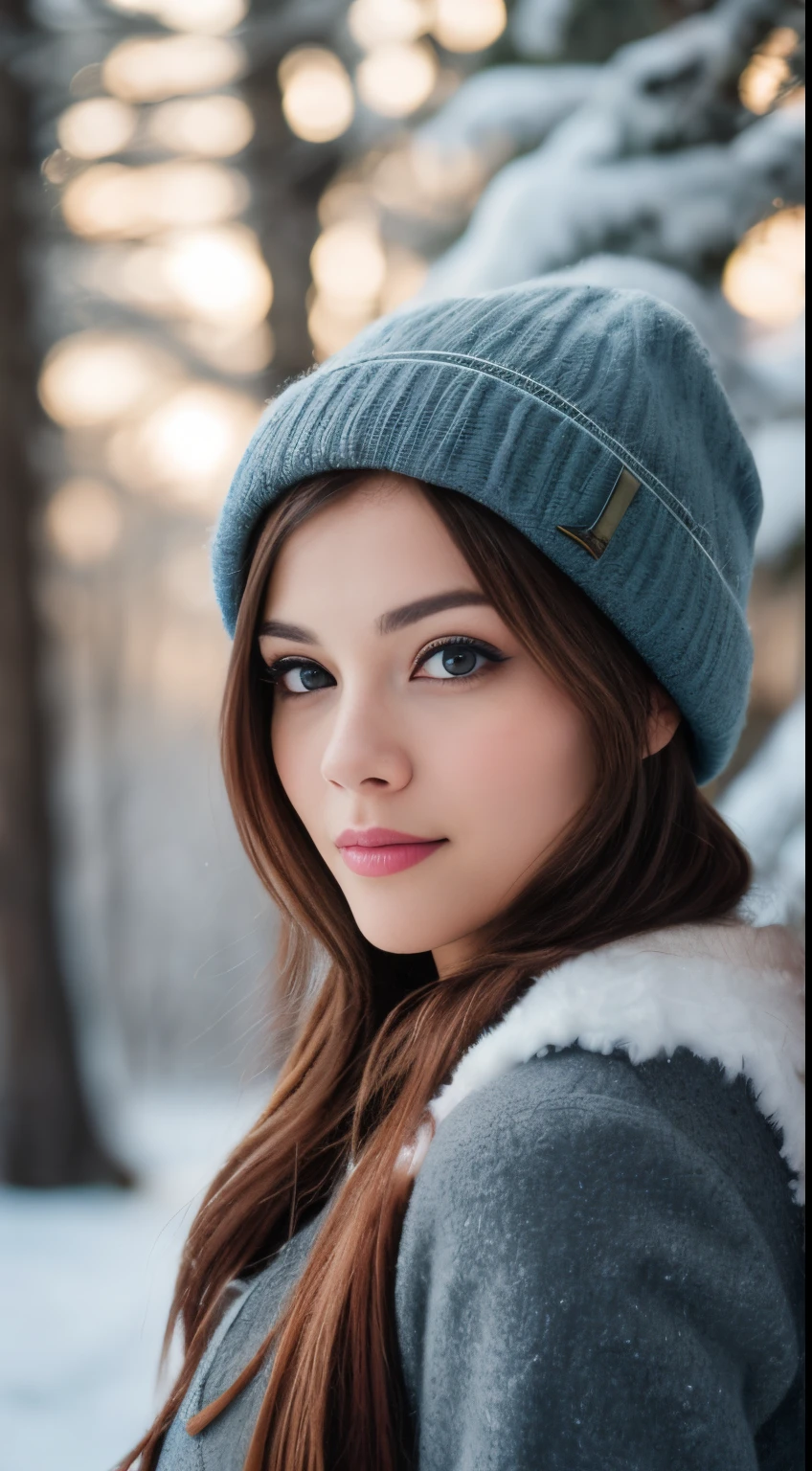 professional photo of a beautiful winter landscape and a beautiful woman, elaborate details, shallow depth of field, bokeh, cinematic effect