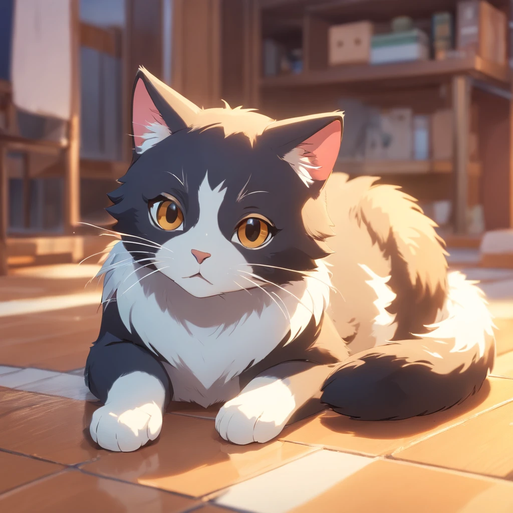 Cute isometric cat emoticon, tuxedo jack, black and white cat, Fluffy and cute, Kitten lying down with eyes closed ,Pastel gold background, soft and muted colors, 3d icon clay render, springtime: 120mm, 3d blender render, Trending on Polycount, modular constructivism, Orange background, physically-based renderingt,