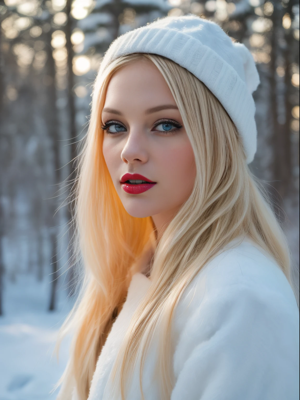 wide angle panorama professional photo of a beautiful winter forest and a beautiful woman, blonde hair, blue eye, red lips, elaborate details, shallow depth of field, bokeh, cinematic effect