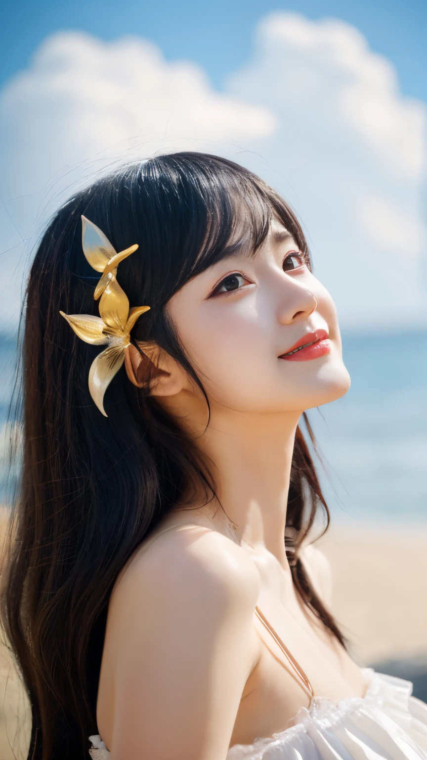 (Best Quality,4K,8K,hight resolution,masutepiece:1.2),Ultra-detailed,Realistic,romantic,Sexy,Japanese style,The background is the beach、((This is Ram-chan cosplay costume from Urusei Yatsura.。)),Close-up body shots,Perfect Lighting,Soft shadows,Vivid colors,curvy figure,Expressive eyes,Silky smooth skin,Shiny hair,Detailed clothing,attention to details,Charming atmosphere,Breeze in the air,tranquil surroundings,Subtle blush on the cheeks,seducting smile,enchanting charm.