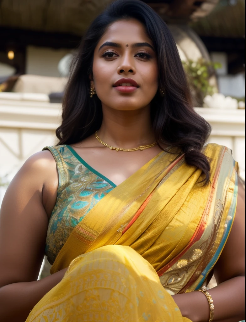 day scene, extreme close up photo of seductive indian model from top view wearing semi yellow top with big breast, big cheeks, red Hollywood lips, squatting near shrub in a garden, hourglass figure, armpits, (blue eyes:1), ponytail, necklace, 30 yo, look at viewer and smile,forest background (cinematic:1.3), intricate details, (ArtStation:1.2)