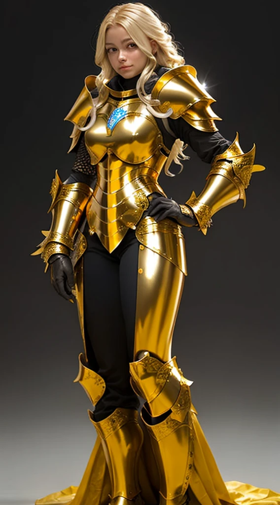 araffed woman in a gold costume posing in front of a column, portrait knights of zodiac girl, knights of zodiac girl, ornate cosplay, angelic golden armor, golden armor, saint seiya, wearing gold armor, glamourous cosplay, stunning armor, wearing golden armor, gold armor, beautiful armor, gilded shiny armour, anime cosplay, golden armour, gold armour suit,Full body, realistic,