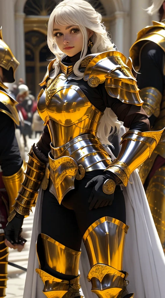 araffed woman in a gold costume posing in front of a column, portrait knights of zodiac girl, knights of zodiac girl, ornate cosplay, angelic golden armor, golden armor, saint seiya, wearing gold armor, glamourous cosplay, stunning armor, wearing golden armor, gold armor, beautiful armor, gilded shiny armour, anime cosplay, golden armour, gold armour suit,Full body, realistic,