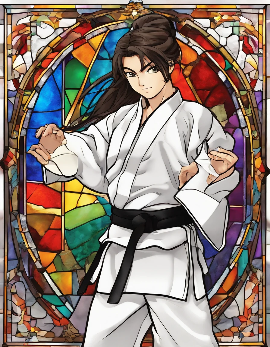 1 rapariga, strong karateka, 18year old, long-sleeve,long trousers、Karate gi、White Karate Uniform、Black belt、length hair、Beautiful face、The knot of the obi is in the middle