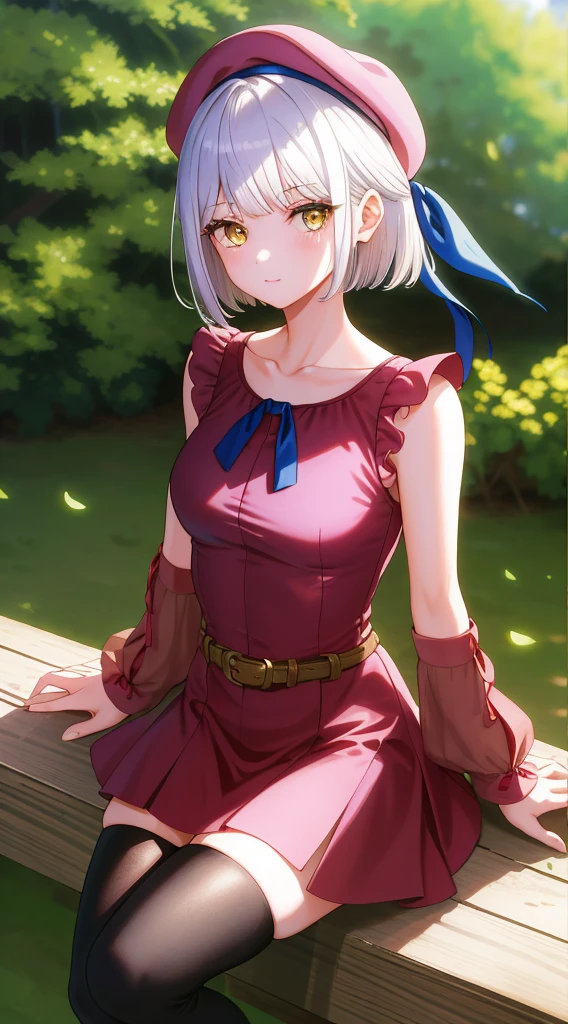 masterpiece, best quality, highres, silver hair,  short bob cut hair, yellow eyes, medium breasts, mature body and face, 1girl, solo, blue ribbon, eyelashes, black thighhighs, neck ribbon, sleeveless, bangs, collarbone, bare arms, pink dress, red coat, pink headwear, outdoors, sitting, sexy pose