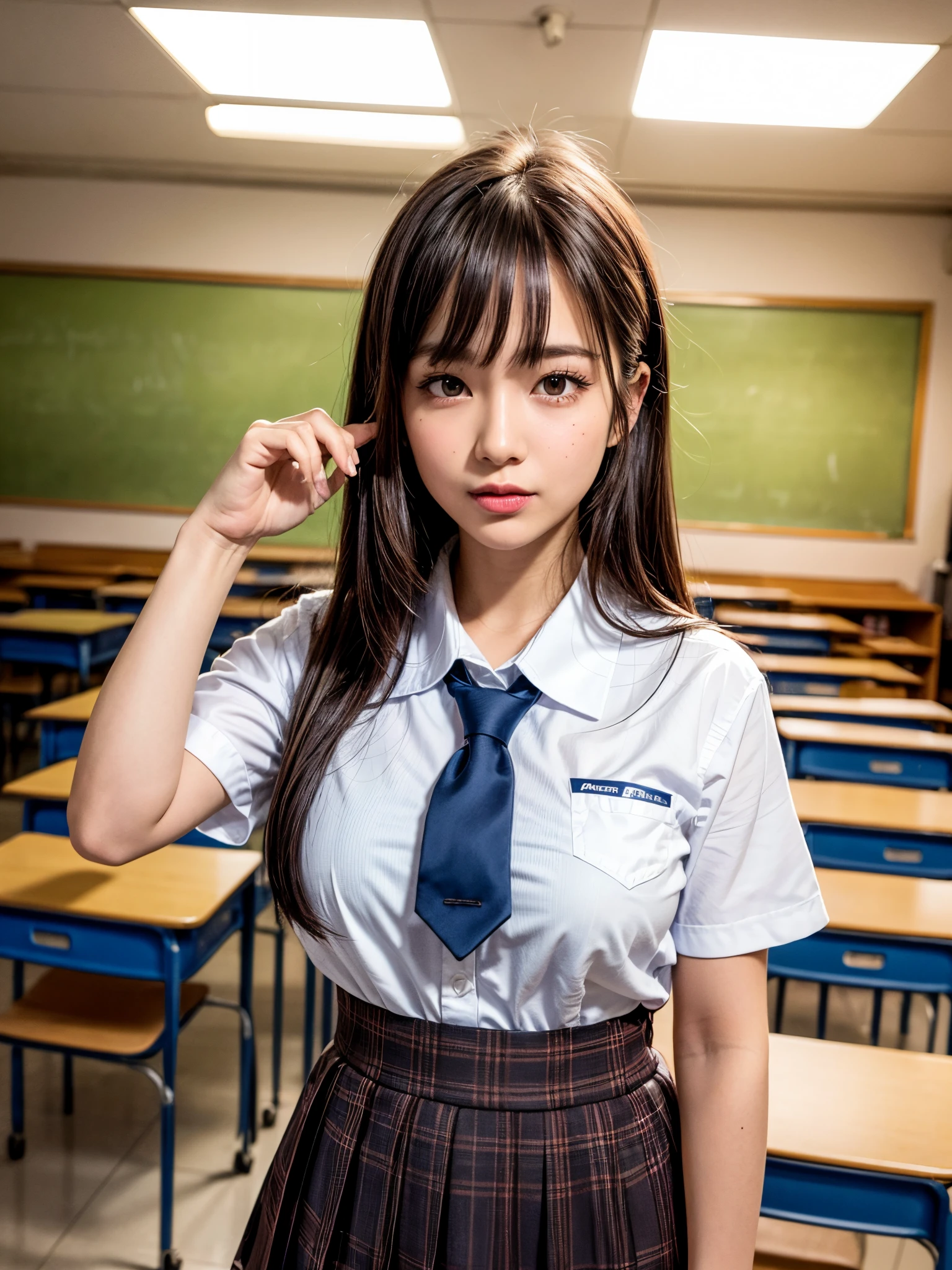 Shooting from the front、alone、expensive school girl、Natural body shape、White skin、Natural Makeup、Black Hair、bangs、Straight Long Hair、sit、Spread your crotch from side to side、Lifting the skirt with one hand、expensive 、Beige cardigan、Roll up your sleeves、White blouse with collar、Blue plaid tie、Blue plaid pleated skirt、Please sit at the desk、Spread your legs、Big Breasts、(Small size pure white panties)、((The upper body is wearing a uniform))、School classroom、Low Angle、Overlooking here、White socks、Black Loafers、Full body photo、Focus on the groin、