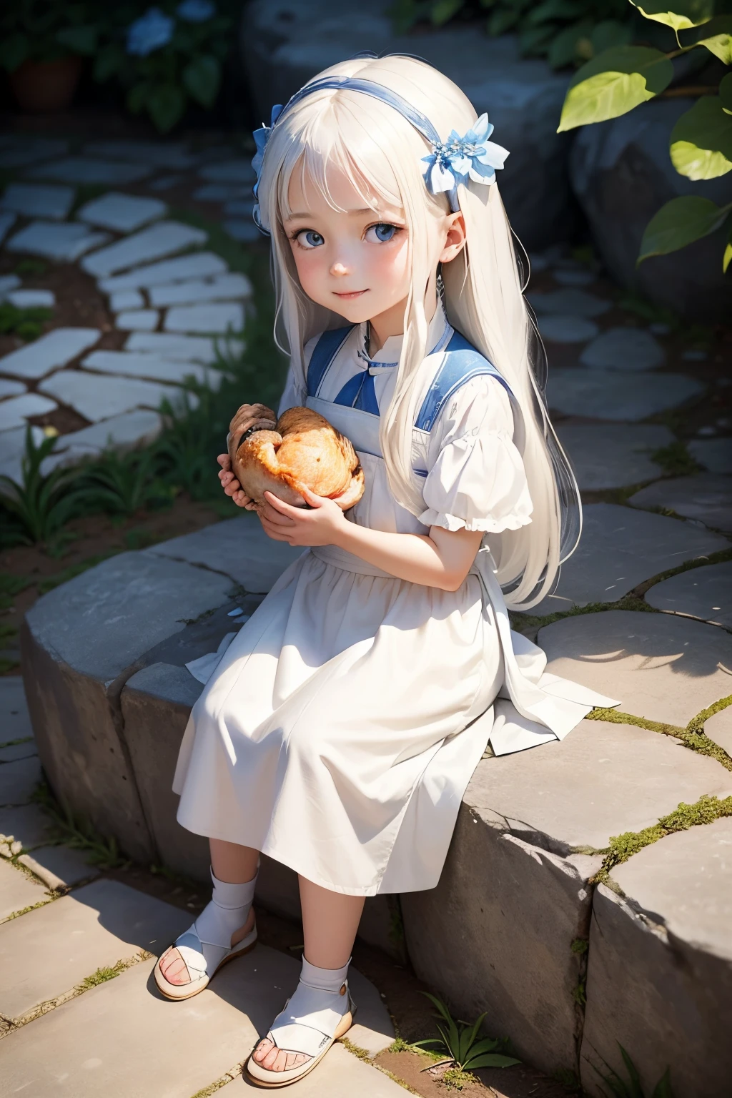 Background is the garden, a beautiful girl name is May, 8-year-old girl with blue eyes, long white hair, wearing a white tunic, On the waist there is a small bag, Queuing up with other kids, smilling face, angled from behind, Standing beside the large rock, Sitting eating a roast chicken