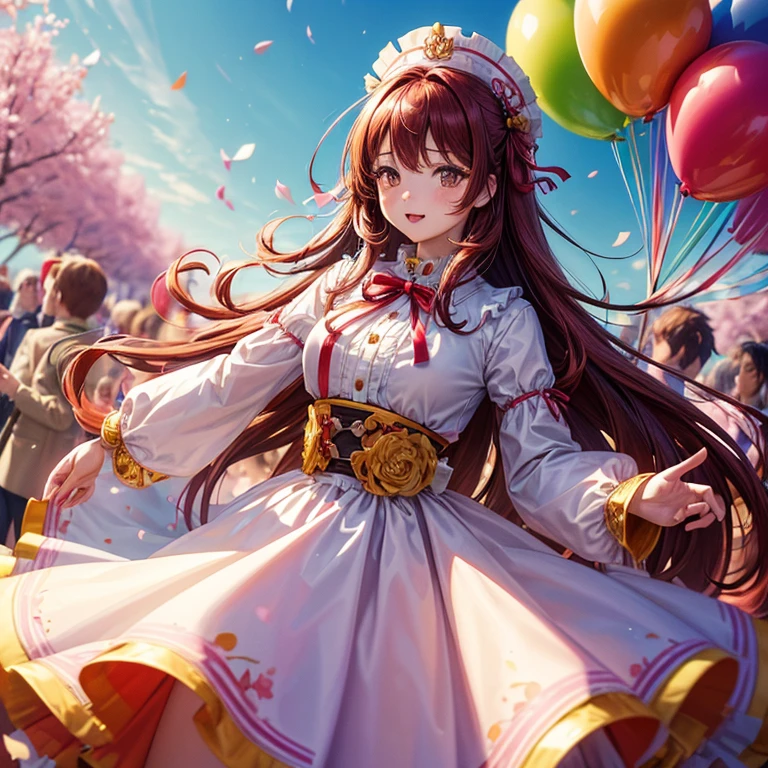 Woman covered in colorful balloons at birthday party, cherry blossom in full bloom, skirt by the, Long sleeves, Brown long hair, Red Hair Ribbon,Brown eyes, magnificent scene, best composition, (masutepiece, Best Quality, Hires, High quality, By a professional artist, ultra-detailliert, Extremely detailed, absurderes, Incredible resolution:1.2)