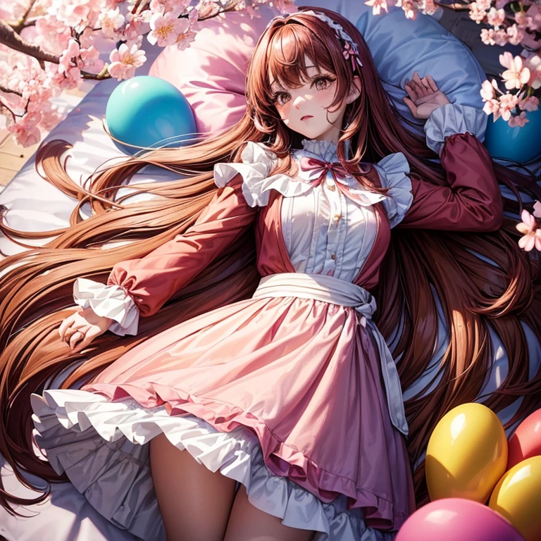 Woman covered in colorful balloons at birthday party, cherry blossom in full bloom, skirt by the, Long sleeves, Brown long hair, Red Hair Ribbon,Brown eyes, magnificent scene, best composition, (masutepiece, Best Quality, Hires, High quality, By a professional artist, ultra-detailliert, Extremely detailed, absurderes, Incredible resolution:1.2)