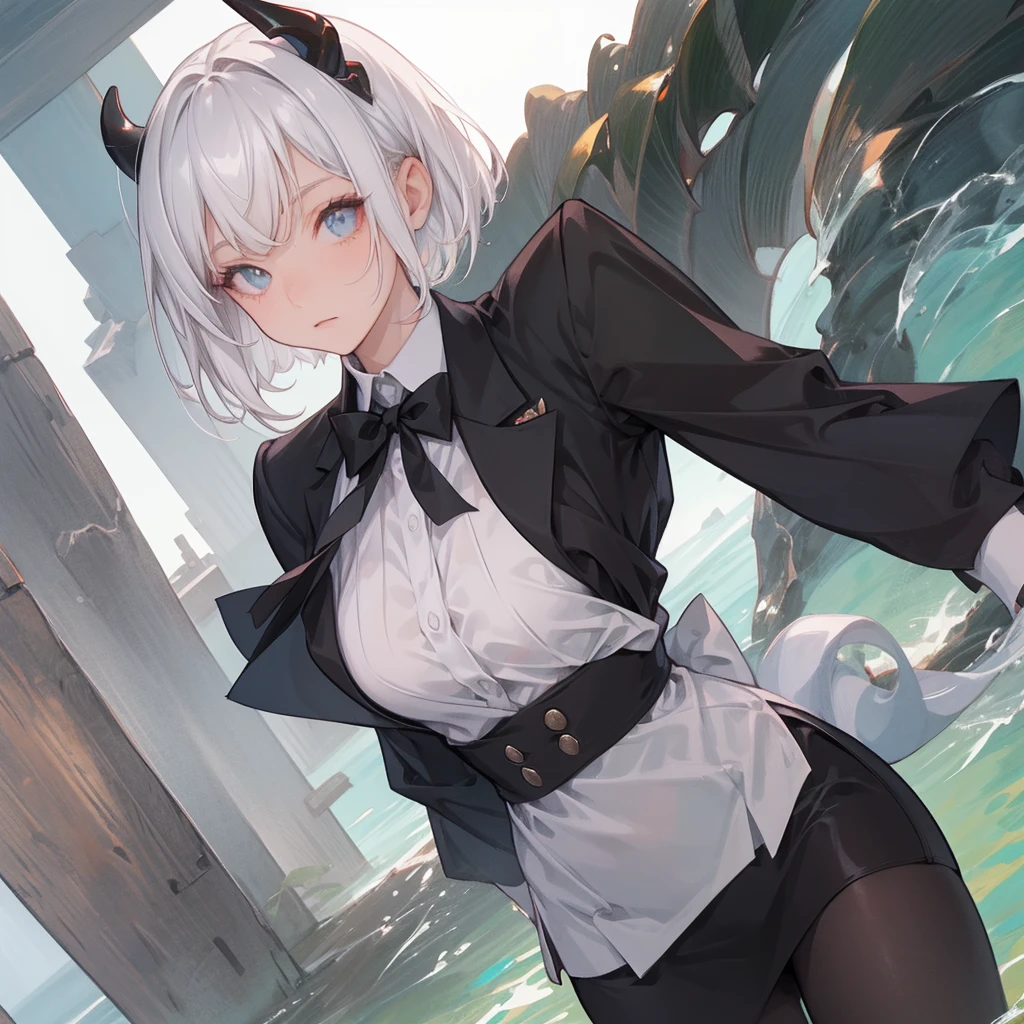 (melhor qualidade: 1.0), (super high res: 1.0), 1girl, personagem extremamente detalhado, detailed hands, Half-dragon girl, chifres, Dragon horns, Girl with black dragon tail, Black dragon tail, Cabelo extremamente detalhado, cabelo curto, ((short hair)), ((cabelos brancos)), ((mechas da cor preta)), olhos extremamente detalhados, olho com cores diferentes, Heterocromia, Olho direito de cor branca, Olho esquerdo de cor preta, dragon eyes, 2D, Arte de Anime, ((barnet)), ((corpo inteiro)), standing on her feet, medieval, RPG, pequena, (baixa), (Altura Pequena), peitos pequenos, (adolescente), olhar morto, grim expression, preocupado, look of tiredness, camisa de manga comprida, Black jacket, brincos de estrela + Branco, vestido longo medieval + preto, pantyhose + black + white, salto alto