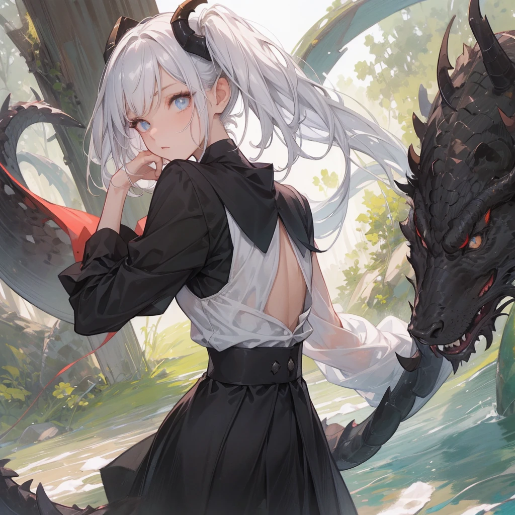 (melhor qualidade: 1.0), (super high res: 1.0), 1girl, personagem extremamente detalhado, detailed hands, Half-dragon girl, chifres, Dragon horns, Girl with black dragon tail, Black dragon tail, Cabelo extremamente detalhado, cabelo curto, ((short hair)), ((cabelos brancos)), ((mechas da cor preta)), olhos extremamente detalhados, olho com cores diferentes, Heterocromia, Olho direito de cor branca, Olho esquerdo de cor preta, dragon eyes, 2D, Arte de Anime, ((barnet)), ((corpo inteiro)), standing on her feet, medieval, RPG, pequena, (baixa), (Altura Pequena), peitos pequenos, (adolescente), olhar morto, grim expression, preocupado, look of tiredness, camisa de manga comprida, Black jacket, brincos de estrela + Branco, vestido longo medieval + preto, pantyhose + black + white, salto alto