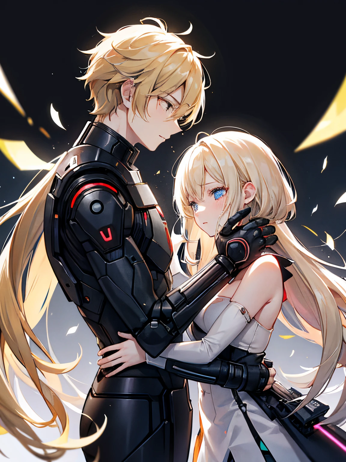 A love story between an android and a human in their 20s、tragic love、android(male people、A dark-haired、short-hair、The face is human、The whole body is made of machines、Ears are also machines)、The human(femele、a blond、Semi-long hair、wearing modern clothes、Crying face)Cyberpunk background、Decadent、Doomsday of the World、dark backgrounds