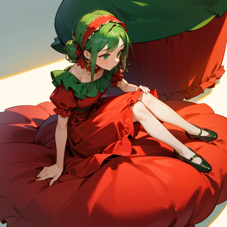 A girl is sitting on a giant tomato Red dress with ruffles Knee-length skirt Green headband