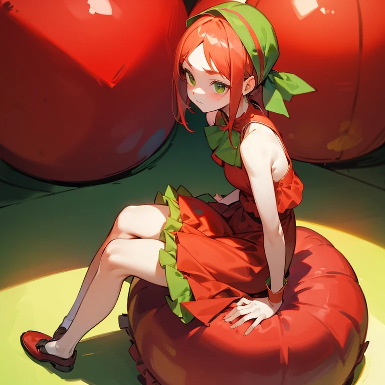 A girl is sitting on a giant tomato Red dress with ruffles Knee-length skirt Green headband