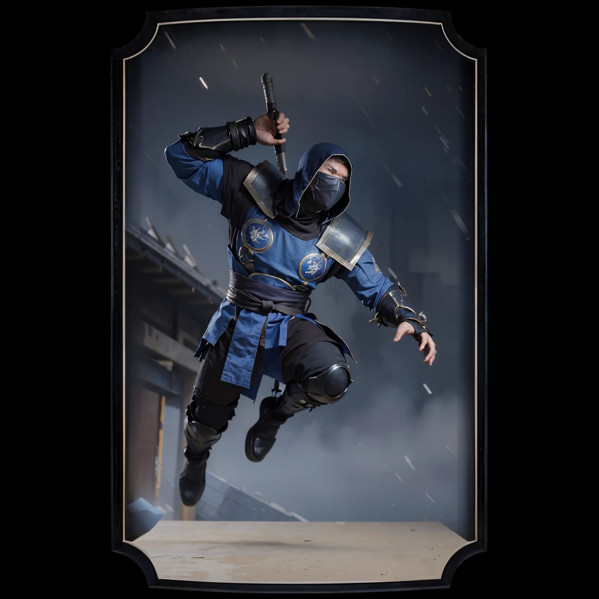 (masterpiece),(best quality:1.0),(ultra high resolution:1.0), lin kuei warrior,bad face, jump, mortal kombat, closeup,1 guy,detailed, muscular, 8k wallpaper, full body