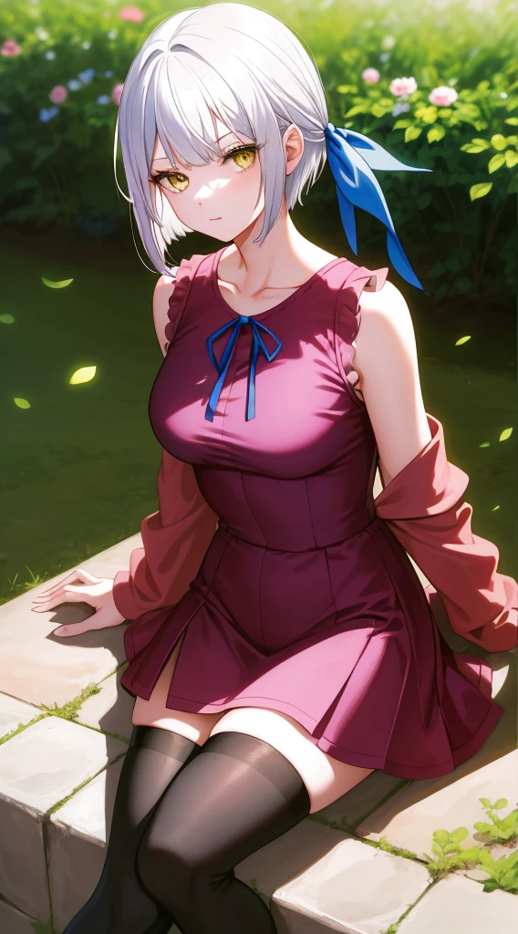 masterpiece, best quality, highres, silver hair,  short bob cut hair, yellow eyes, medium breasts, mature body and face, 1girl, solo, blue ribbon, eyelashes, black thighhighs, neck ribbon, sleeveless, bangs, collarbone, bare arms, pink dress, red coat, pink headwear, outdoors, sitting, sexy pose