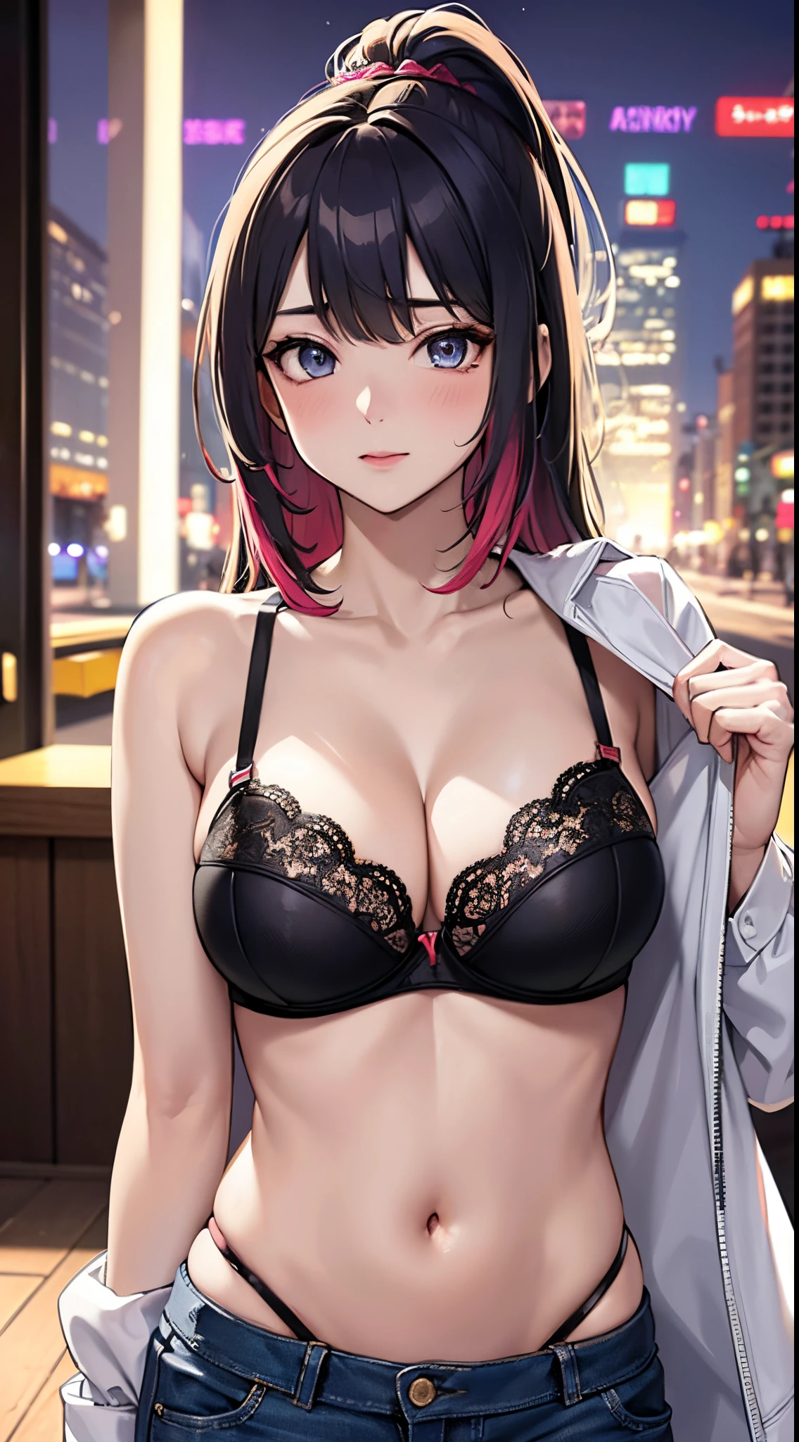 (Original Character、Unity 16K Wallpaper, masutepiece, Best Quality, Ultra-detailed, Extremely detailed, Caustics, Cinematic lighting, Detailed, Beautiful detailed eyes), Ultra High Resolution, Fine skin, (Busy city、strong lights,,,flasher、blush、Showing panties)、(Brighten the subject、Undressing,Open your clothes),(((Colorful bra)))、cleavage